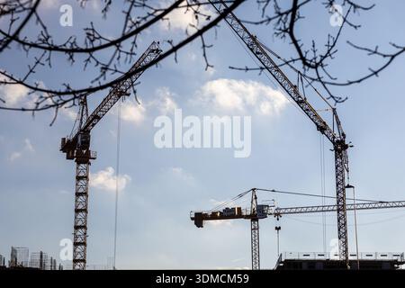 Posen, Polen - 19. November 2025: Ein Blick auf die Industrielandschaft mit mehreren hoch aufragenden Baukränen, die aktiv neue Bauwerke bauen, reflecti Stockfoto