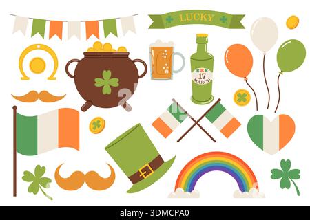 Set mit Illustrationen zum St. Patrick's Day. Glückssymbole für den irischen Feiertag: Schamrock, Regenbogen, Goldmünzen, Hufeisen und eine Bierparty. Sim Stock Vektor