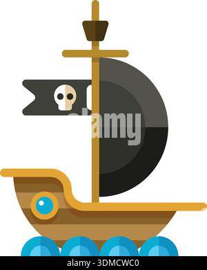 Ein Piratenschiff mit Schädel und gekreuzten Knochen an der Seite Stock Vektor