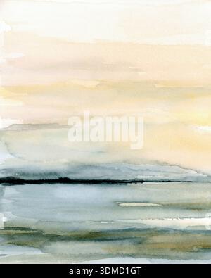 Abstraktes horizontales Aquarell eines Sonnenaufgangs an der Küste mit tiefblauem Wasser und goldenem Himmel, strukturierte Landschaftsmalerei Stockfoto