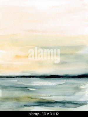 Minimalistische Aquarelllandschaft im Ozean mit sanften blauen und braunen Schichten, abstraktem Meer- und Himmelhintergrund Stockfoto