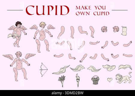 Handgezeichneter Vintage Cupid Set Charakterkonstruktor Stock Vektor