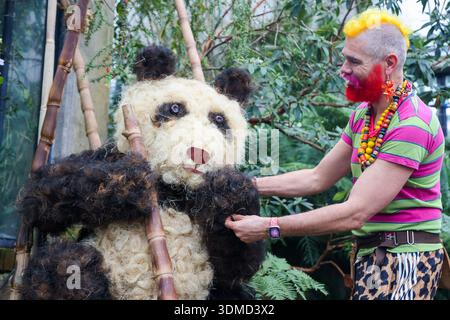 London. UK. Februar 2026. Henck Rolling, Kew Botschafter und der hauseigene Florist, verleiht dem „Panda“ eine Blumenausstellung mit Orchideen, tropischen Pflanzen und Blumen beim Kew Orchid Festival: China im Princess of Wales Conservatory in Kew Gardens, West London, den letzten Schliff. Dieses yearÕs Festival feiert Schönheit, Biodiversität, Geschichte und Erbe der ChinaÕs mit Tausenden von bunten Orchideen und Hunderten anderer tropischer Pflanzen. Zu sehen sind Kunstwerke der Künstler Zheng Bo, Yi Crafts und Xiaolan Gu. Blumenskulpturen zeigen die berühmte chinesische Tierwelt, darunter Koi-Karpfen, Pandas und Rote Krähe Stockfoto