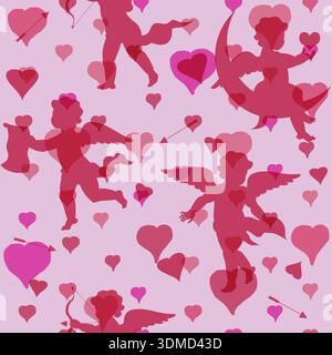 Nahtloses Muster Vintage Cupid dunkel romantisch auf schwarzem Hintergrund, unleserliche Schrift, Text Stock Vektor