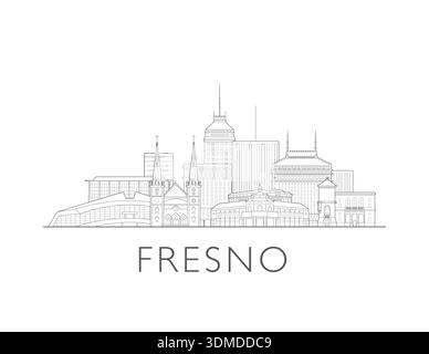 Fresno, kalifornische Skyline, USA. Städtisches Stadtbild mit Wahrzeichen und Denkmälern. Handgezeichnete digitale Skyline-Illustration. Stockfoto
