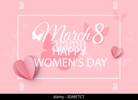Hintergrund des 8. März, Happy Women's Day mit Text, Rahmen, Nummer 8 und Herzen auf rosa Hintergrund. Stock Vektor