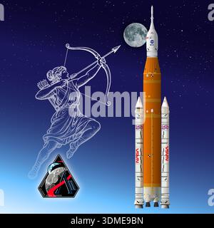 ARTEMIS II Weltraumrakete für Mondmission, Illustration auf Sternenhimmel Hintergrund und Mondsatelliten und mythologisches Bild von Artemis, Patch Stockfoto
