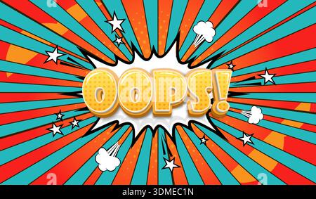 Opps-Text auf einem Comic-Hintergrund. Moderner kreativer Pop-Art-Hintergrund mit Halbtönen und Radialstrahlen. Anime-Design mit Explosionseffekt. Vektor Stock Vektor