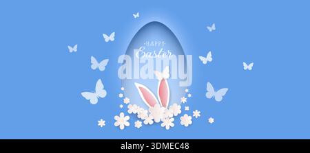 Frohe Osterkarte mit Hasenohren, Blumen und einem Schmetterling auf blauem Hintergrund mit einem Ei. Ein Feiertagsbanner. Stock Vektor