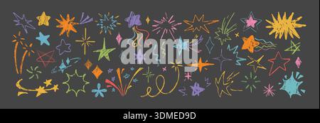Handgezeichnete bunte Buntstift-Sternformen, Weihnachtsfeuerwerk. Vektor-Kritzelfunken, Feier-Explosion, kindliche Muster Kreide Design-Elemente. Fotografieren Sie Kometen und zeichnen Sie Symbole in Grunge-Textur Stock Vektor