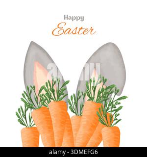 Handgemalte Ostern-Illustration mit süßen Hasenohren, umgeben von einem Haufen Karotten Stockfoto