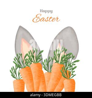 Handgemalte Ostern-Illustration mit süßen Hasenohren, umgeben von einem Haufen Karotten Stockfoto