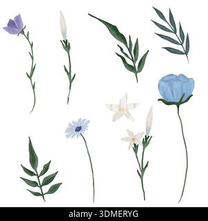 Handgezeichnetes Aquarellbild Set mit Frühlings- und Sommerblumen. Zarte und lebendige Blumenelemente im zarten, hellen Aquarellstil Stockfoto