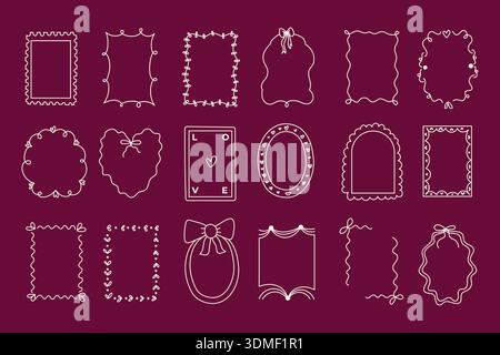 Set: Handgezeichnete Vintage-Coquette-Rahmen für Valentinstag. Für romantische Karten, Hochzeits- und Jubiläumseinladungen. Vektorillustration, flache Ausführung Stock Vektor
