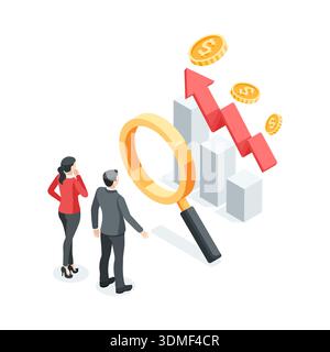 Isometrischer Vektor Geschäftsmann und -Frau, die durch Lupe auf Diagramm mit Pfeil und Münzen schauen, in Farbe auf weißem Hintergrund, Finanzanalyt Stock Vektor