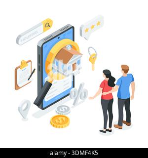 Isometrischer Vektor junges Paar in der Nähe von Smartphone wählen Wohnung im Internet, in Farbe auf weißem Hintergrund, Immobilienservice und erschwingliche Wohnung Stock Vektor