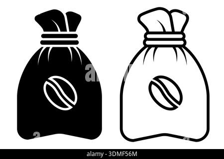 Symbol Kaffeebeutel. Schwarze, weiße Silhouette Papiertüte voller Kaffee, isoliert auf weißem Hintergrund. Lineare Abbildung, Logo für Café-Shop, handgezeichnet Stock Vektor