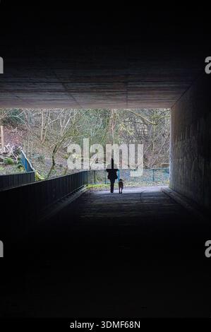 Silhouette - nicht identifizierbare Frau, die ihren Hund am Ende einer Autobahnunterführung führt Stockfoto
