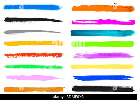 Sammlung von 16 einzelnen handbemalten Pinselbanner in vielen hellen Farben als Hintergrund, Vorlage oder Banner Stockfoto