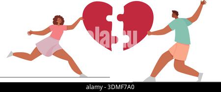 Mann und Frau halten Herzstücke, die passen. Liebespaare. Valentinstag. Bunte Vektorillustration Stock Vektor