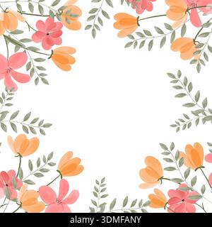 Handgezeichnetes Aquarell mit Blumenrahmen. Eleganter Blumenrand in sanftem Aquarellstil Stockfoto