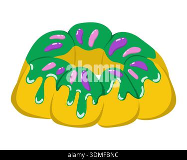 Mardi Gras Königskuchen mit farbenfroher Glasur und Streuseln in traditionellen lila, grünen und goldenen Farben. New Orleans festliche Dessert Illustration Stock Vektor