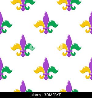 Nahtloses Mardi Gras-Muster mit Fleur de Lis in traditionellen lila, grünen und goldenen Farben. Sich wiederholender Vektorhintergrund. Stock Vektor