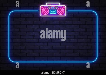 Neon-Boombox-Symbol mit leuchtendem Rahmen an der Ziegelwand. Der Retro-Stil sorgt für urbane Nachtenergie und kreative Stimmung. Stock Vektor