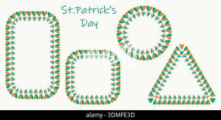 Herzsymbol-Rahmenset. Irisches Dekor-Set mit keltischen Trikoloren, festliche Dekorationskollektion zum Patricks Day, Kreis-, Quadrat- und Dreiecksformen Stock Vektor