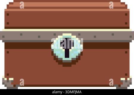 Schatztruhe im Retro-Game-Style. Karikaturkiste aus Holz Stock Vektor
