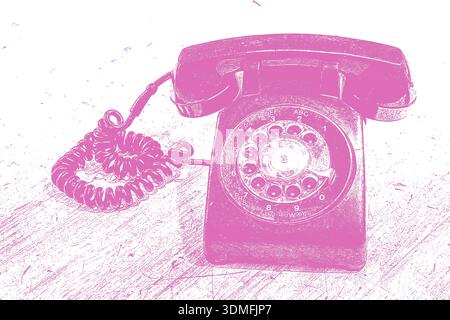 Ein pinkfarbenes Telefon mit einem pinkfarbenen Kabel. Das Telefon ist alt und verfügt über eine Wähltastatur. Ein Drehtelefon mit Spiralkabel liegt auf einem Holztisch. Diese DE Stockfoto