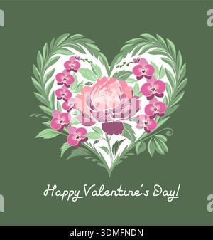 Das Herz der Blumen. Alles Gute zum Valentinstag. Handgezeichnet. Nicht AI, Vektordarstellung. Stock Vektor