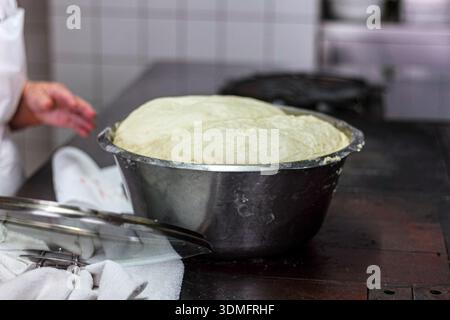 Große Menge frischer Hefeteig, der in einer professionellen Edelstahlschale in einer warmen Bäckereiküche aufsteigt. Stockfoto
