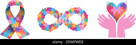 Symbole für das Bewusstsein des Weltautismus. Band, Infinity-Zeichen und Hand mit Herz aus bunten Puzzleteilen. Stock Vektor