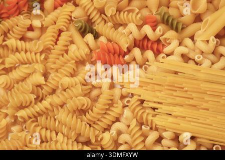 Overhead-Aufnahme einer großen Gruppe von verschiedenen Teiggrößen, Formen und Farben, einschließlich Spaghetti, Rotini, Muscheln, Cavatapi, Rotini und dreifarbige Nudeln. Stockfoto