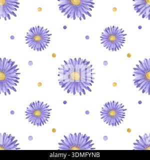 Nahtloses Blumenmuster mit einfachen handgezeichneten Asterblüten. Aquarell, Pastellfarben, Gouache. In flachem Stil. Farben: Lila, lila. Für Designprodukte Stockfoto