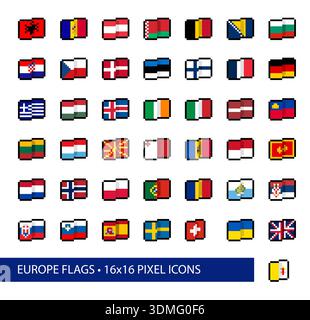 Europa Flaggen 16x16 Pixel Art Icons – Vektorsatz für UI, Spiele und Web. Mehr als 40 vereinfachte Piktogramme für Flaggendesigns ab 2026. Stock Vektor