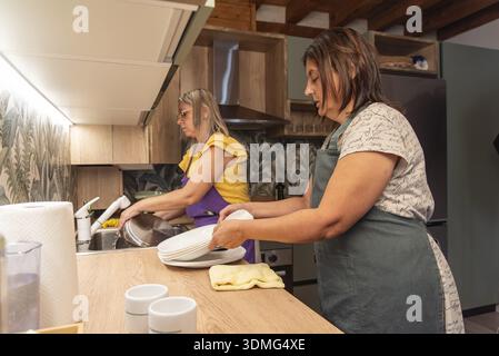 Zwei Frauen waschen und trocknen Geschirr in einer stilvollen Küche Stockfoto