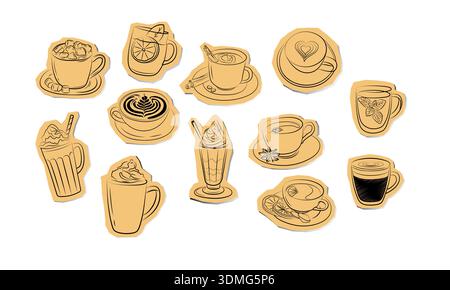 Sammlung handgezeichneter Kaffeetassen und Café-Drinks in warmen Gelbtönen, ideal für Café-Branding und Menüs. Stock Vektor