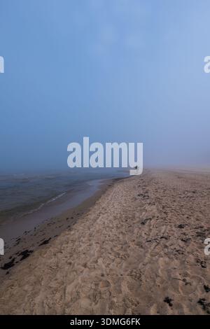 Eine nebelbedeckte Ostseeküste zieht sich in die Ferne nahe der litauischen Küste, eine einsame Figur geht auf nassem Sand am Wasser, der Horizont verschwindet so Stockfoto
