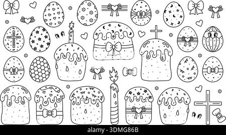 Große schwarze Linie Osterset, dekorierte Eier und Kuchen mit Zuckerglasur. Skurrile Umrissschilder, festliche lineare Piktogramme Stock Vektor