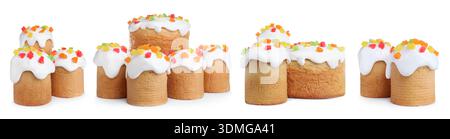 Osterkuchen mit Glasur und kandierten Früchten isoliert auf weiß, Set Stockfoto