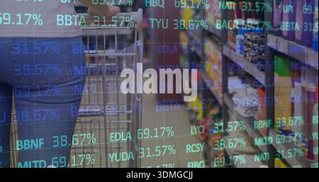 Schiebt den Metalldraht-Wagen, Shopper in Denim-Jeans leicht oben vorbei am Ladengang unter dem Ticker-Overlay Stockfoto