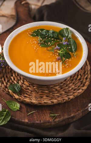 Auf einem rustikalen Holzbrett wird eine Schüssel mit leuchtendem Orangenbutternusskürbis oder Kürbissuppe serviert. Die Szene verfügt über ein warmes natürliches Licht, das t Stockfoto