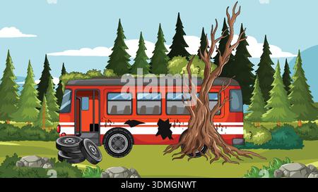 Cartoon rote Bus Wrack gegen toten Baum im grünen Wald, flache Vektor-Illustration Stil Stock Vektor