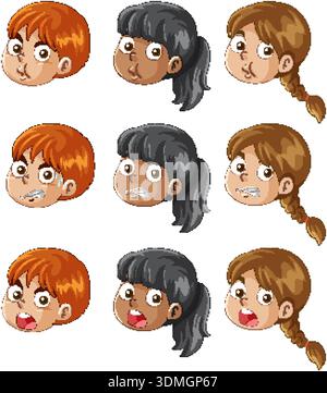 Vektorillustration von verschiedenen Kinderköpfen, die verschiedene Emotionen auf weißem Hintergrund zeigen Stock Vektor
