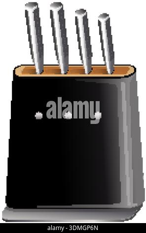 Vektor-Illustration des schwarzen Messerblocks mit vier metallischen Küchenmessern, sauberer minimalistischer Stil Stock Vektor