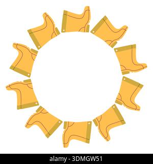 Niedlicher Federvektorrahmen aus gelben Gummistiefeln in einem kreisförmigen Kranz angeordnet. Flache Illustration, perfekt für Gartenmotive und saisonale Designs Stock Vektor