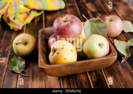 Eine bunte Auswahl an Äpfeln - roter Apfel, grüner Apfel, gelber Apfel - auf Küchentisch Stockfoto
