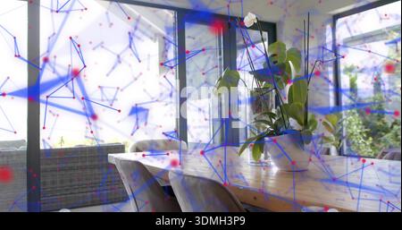 Orchidee in weißem Topf auf Holztisch im Essbereich mit blauroter Überlagerung Stockfoto
